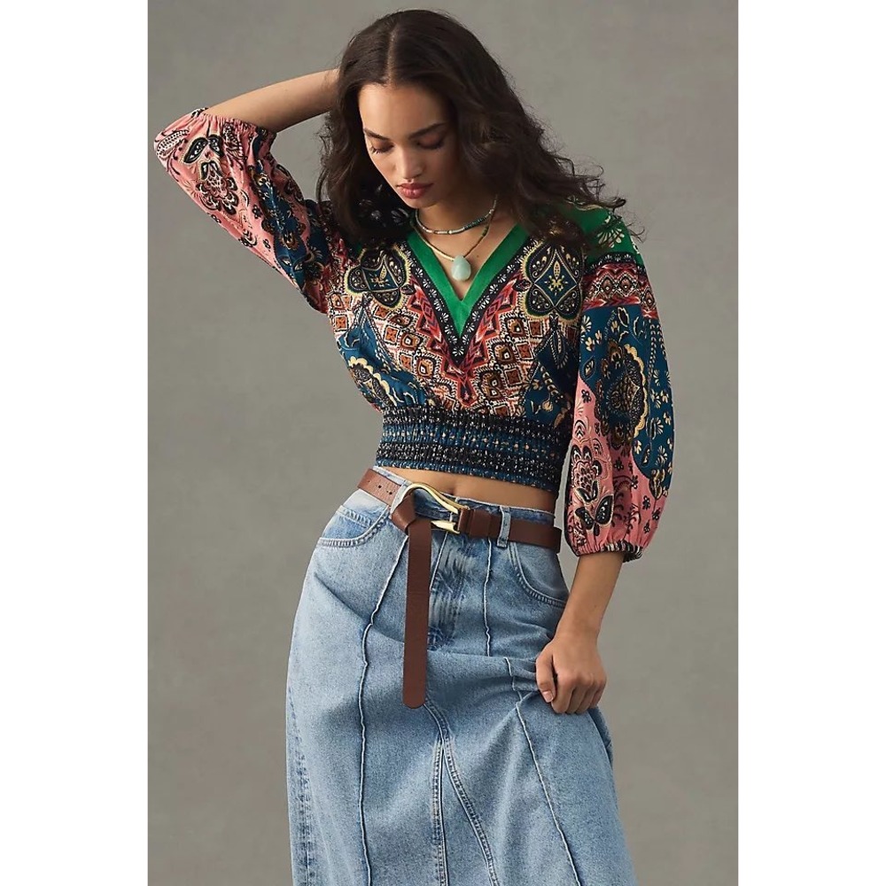 Farm Rio for Anthropologie Deep-V PuffSleeve Top Boho Print Smocked Blouse Small - Picture 2 of 8